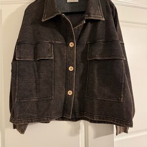 Zenana Charcoal Denim Jacket with Wooden Buttons